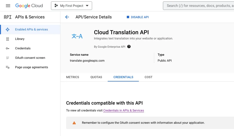 Cloud Translation API credentials