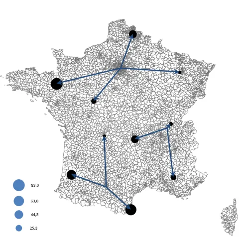 Example of a flow map for logistics data visualization