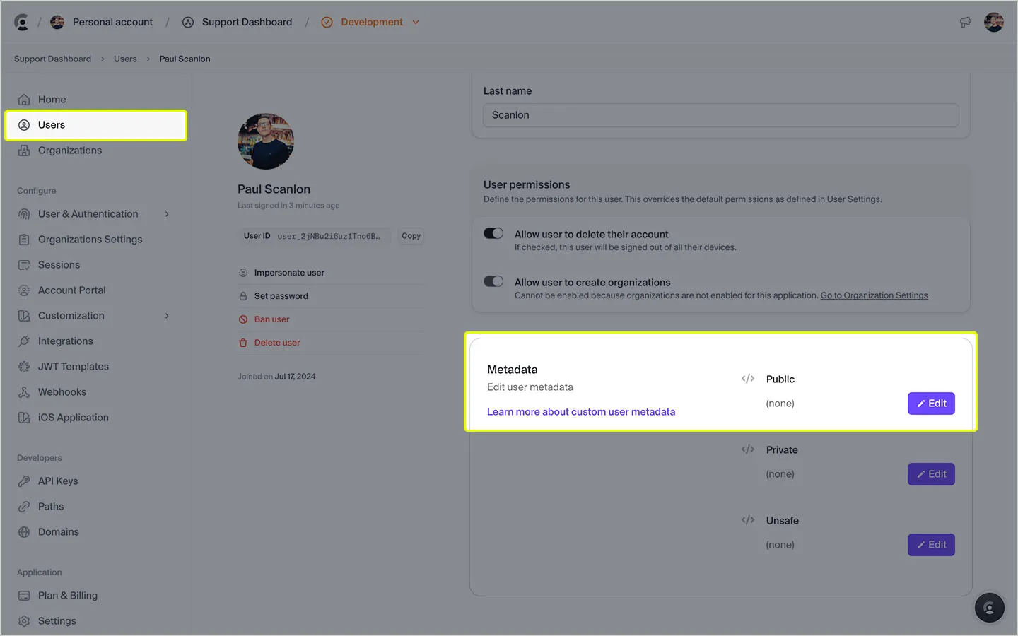 A screenshot of Clerk's UI displaying public metadata section.