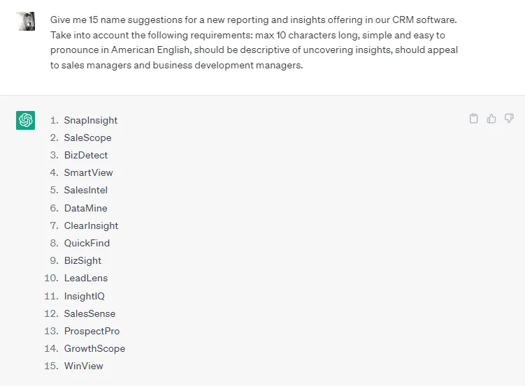 Example of how to use AI to generate product name suggestions