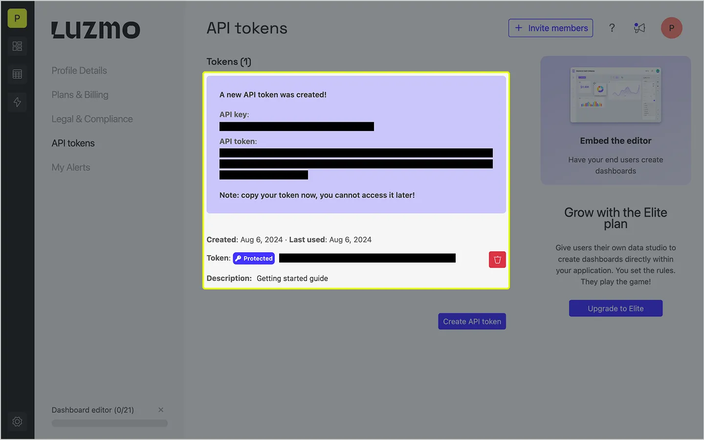 Creating an API key and token in Luzmo