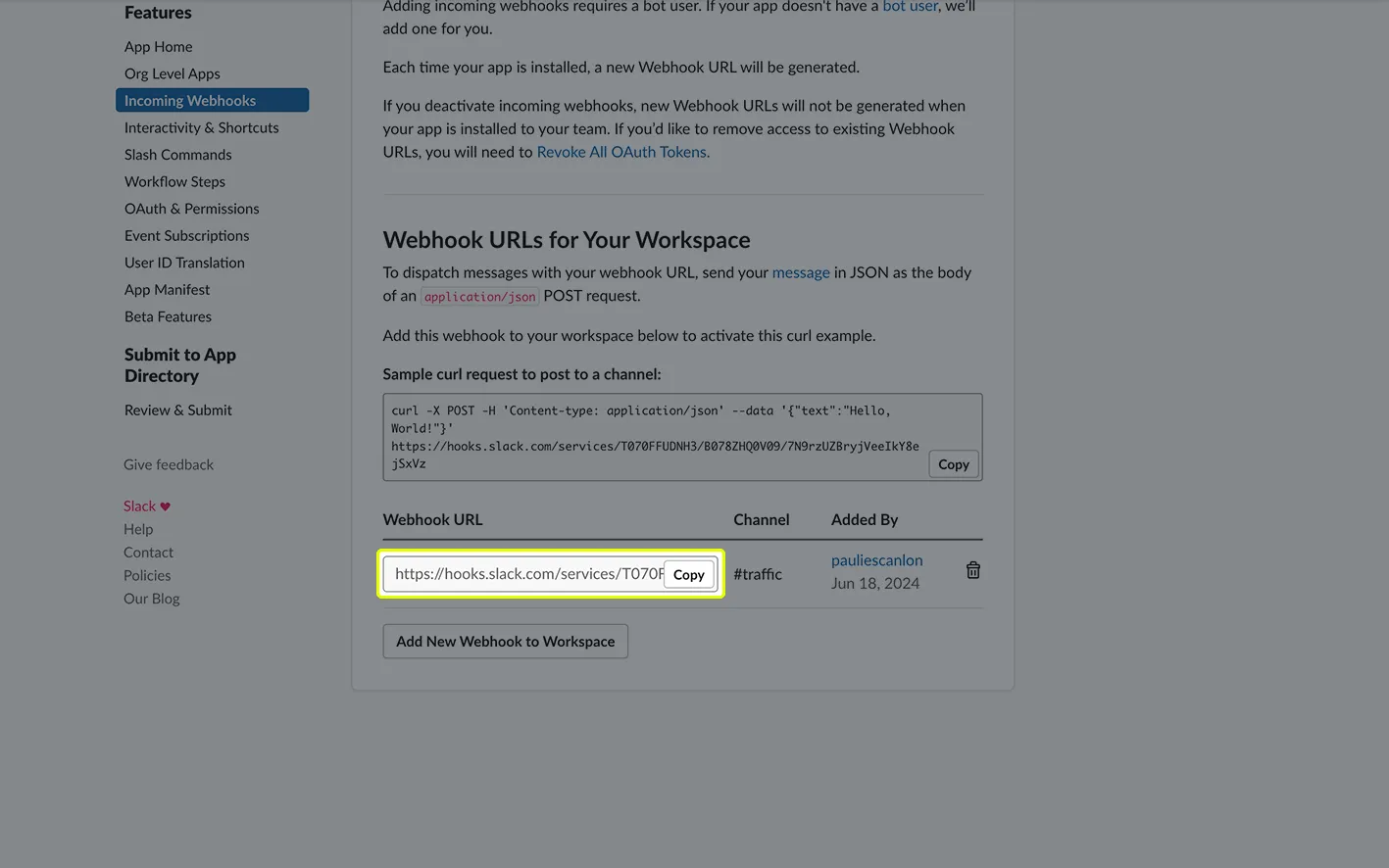 Copying your Slack webhook URL