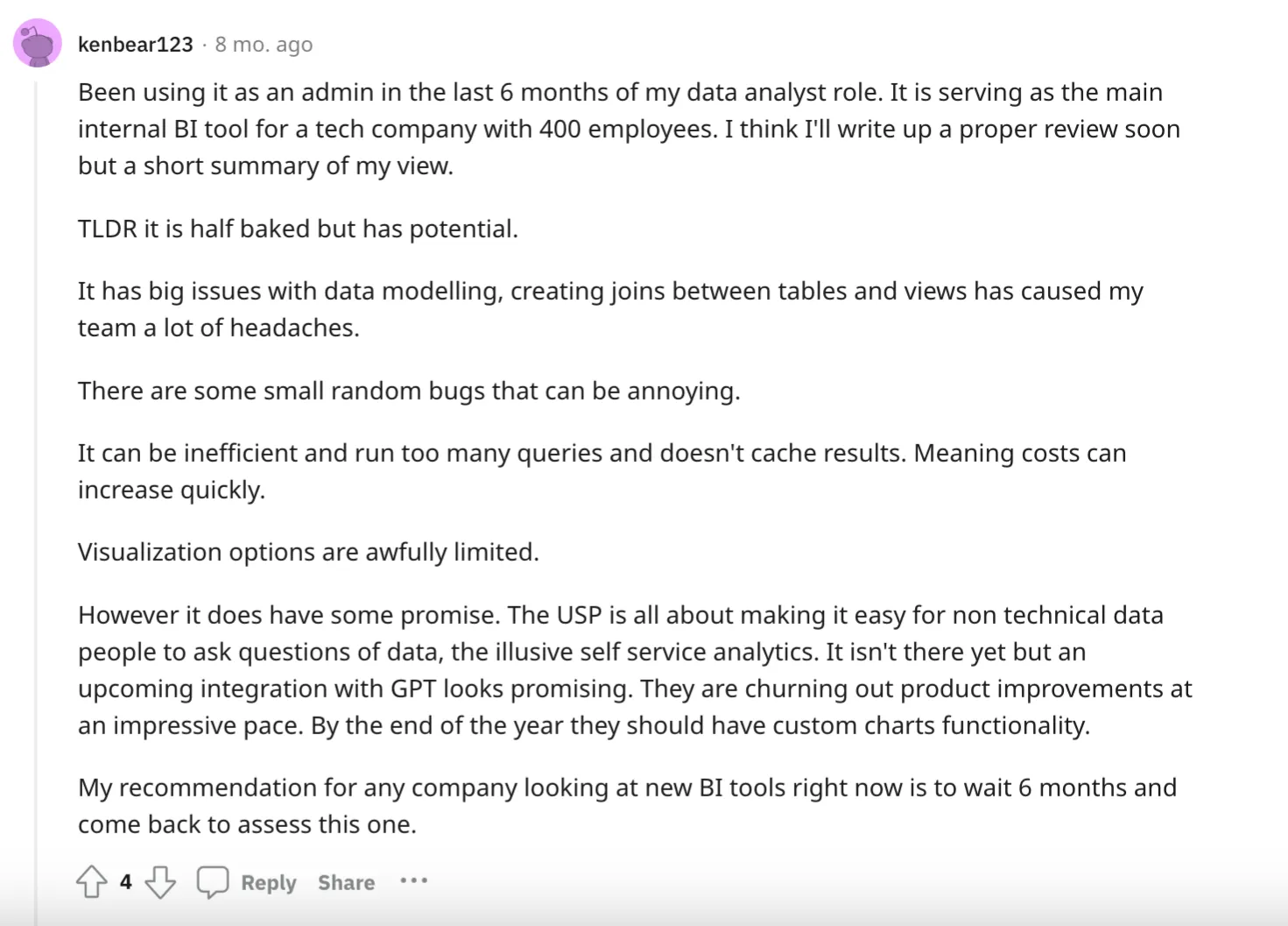 BI Tools - Thoughspot review on Reddit