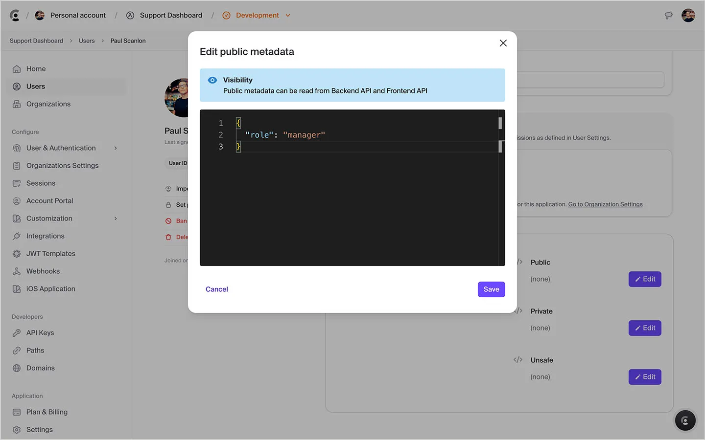 A screenshot of Clerk's UI displaying public metadata JSON object.
