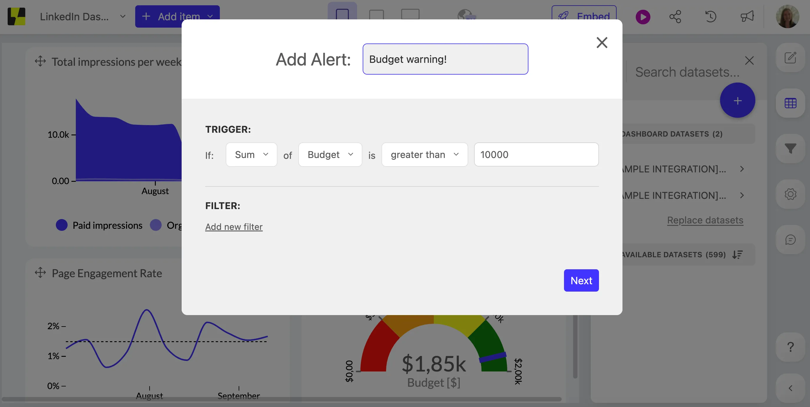 How to set up dashboard alerts in Luzmo