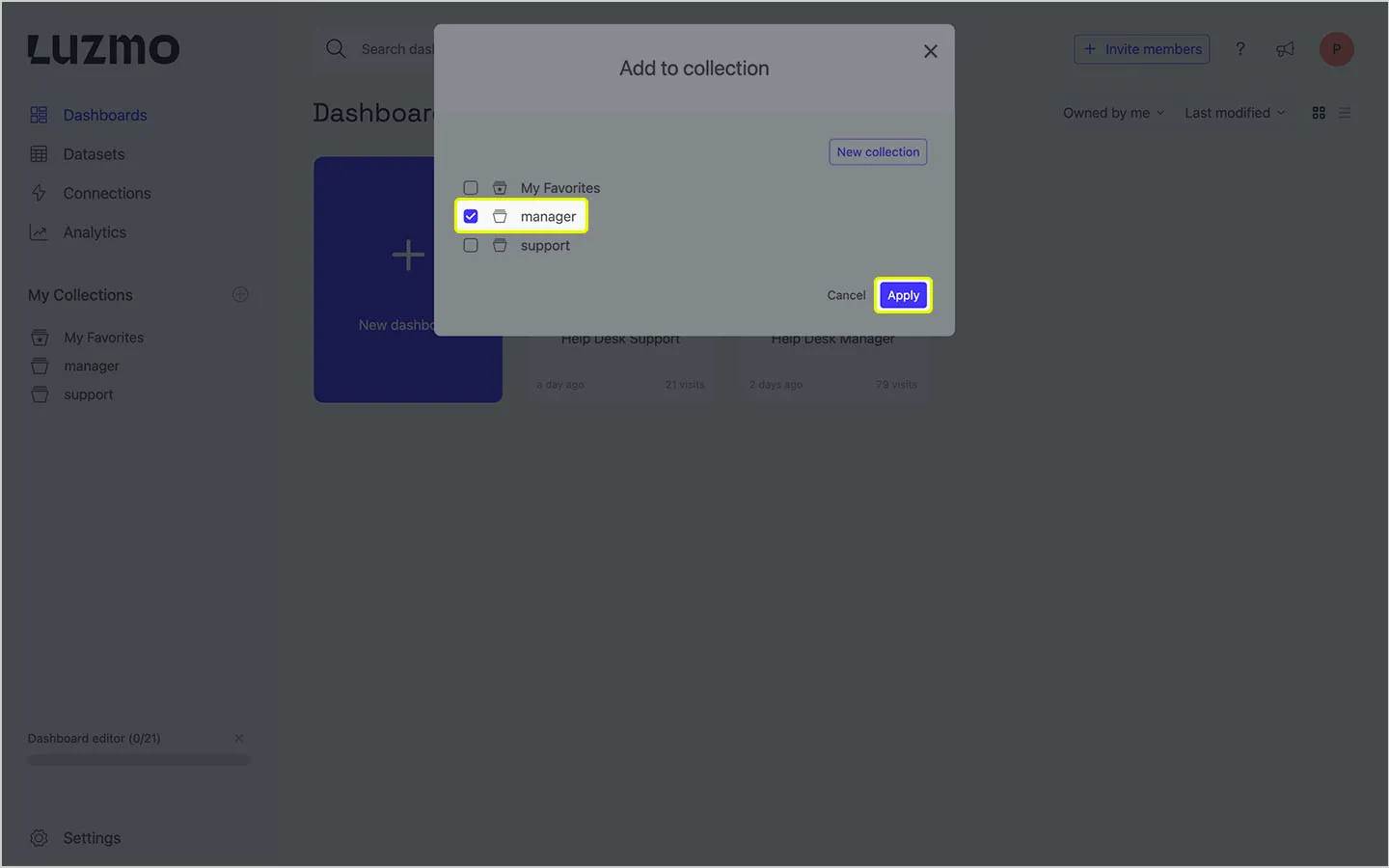 A screenshot of Luzmo UI displaying a modal with the manager collection checkbox ticked.