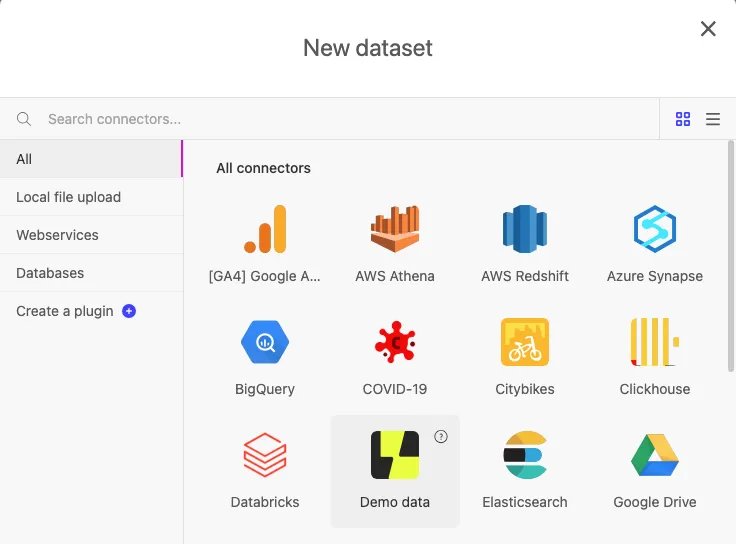 Choose a new data connector in Luzmo