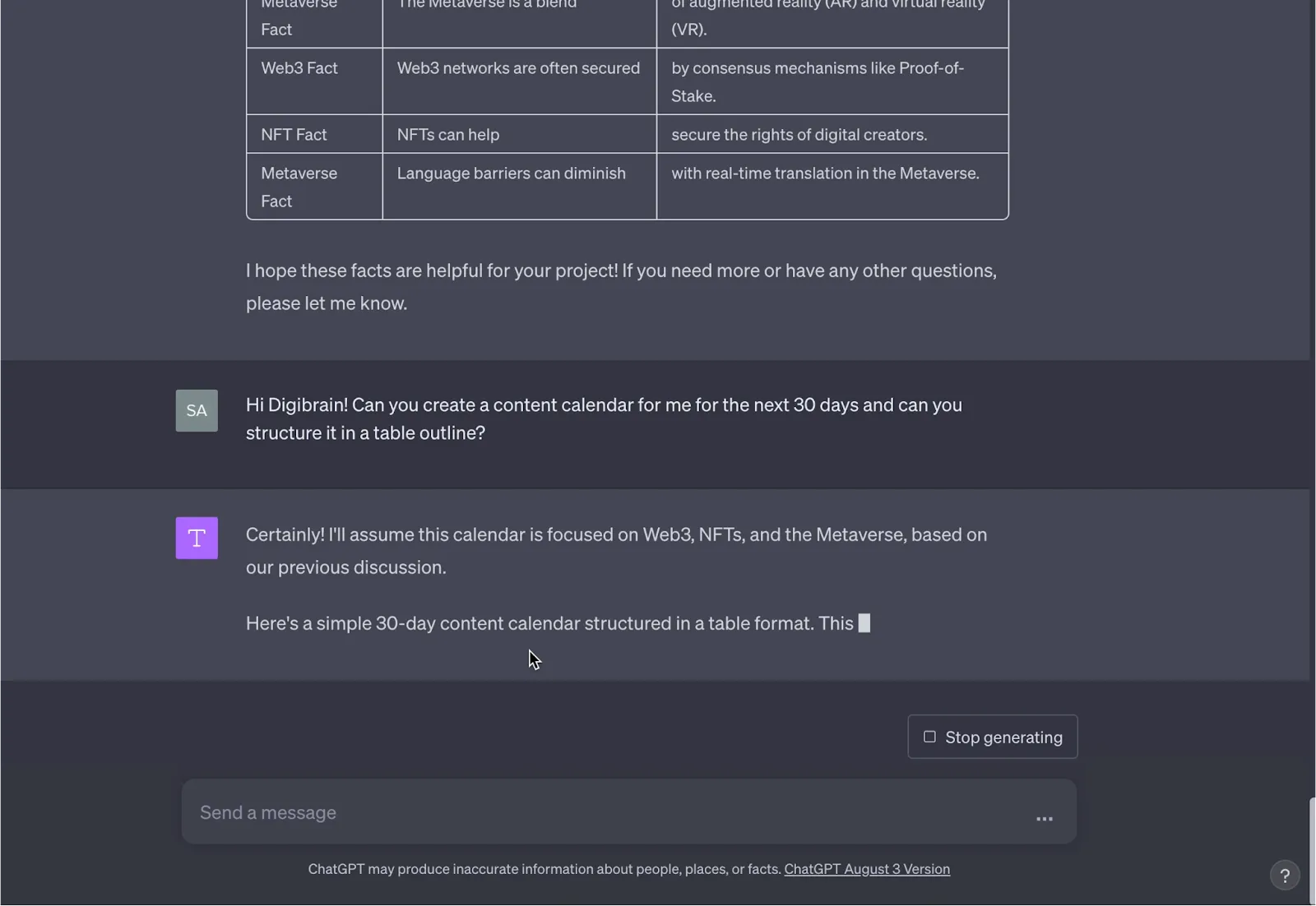 Creating a content calendar with AI