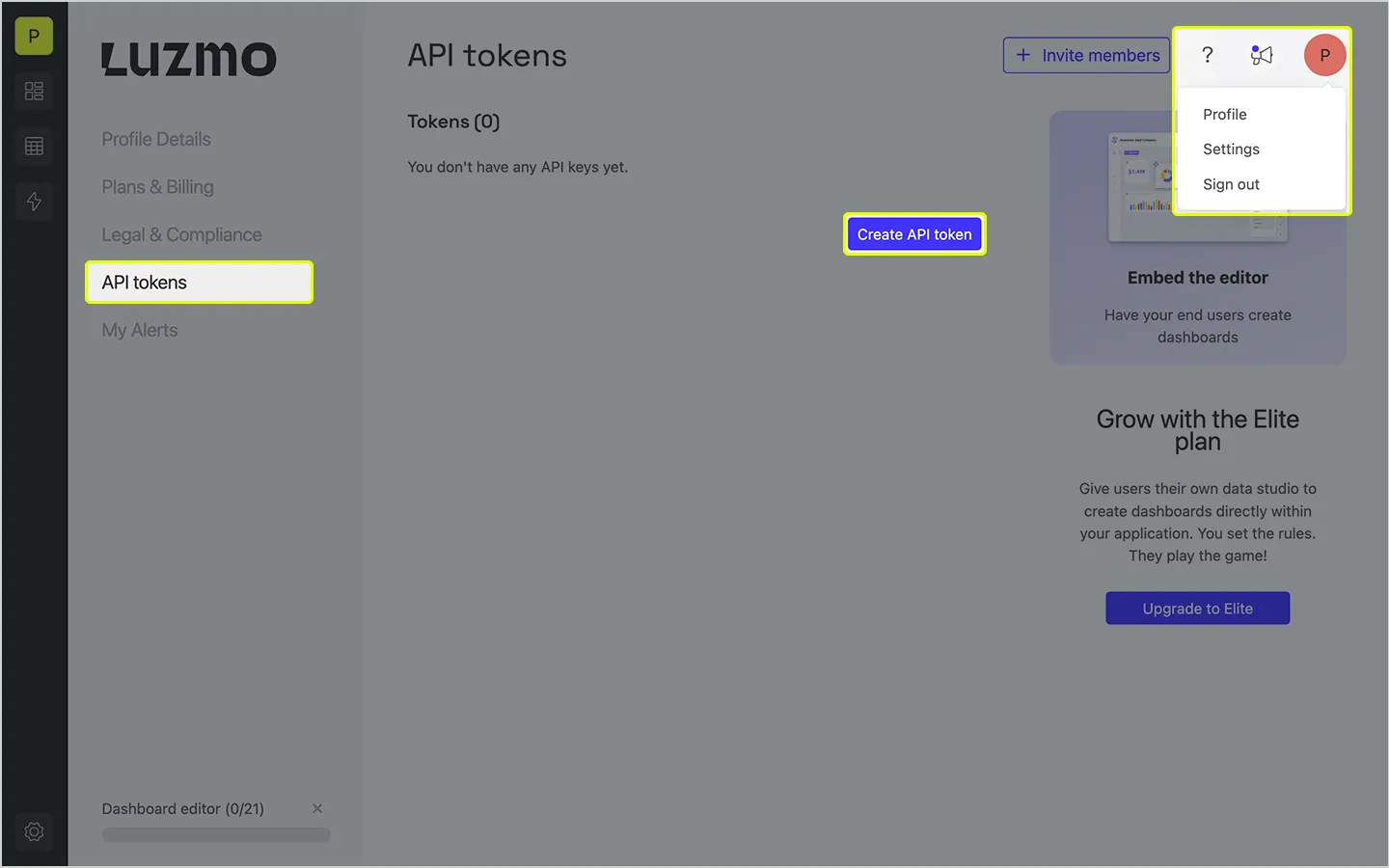 Profile settings in Luzmo to create an API token
