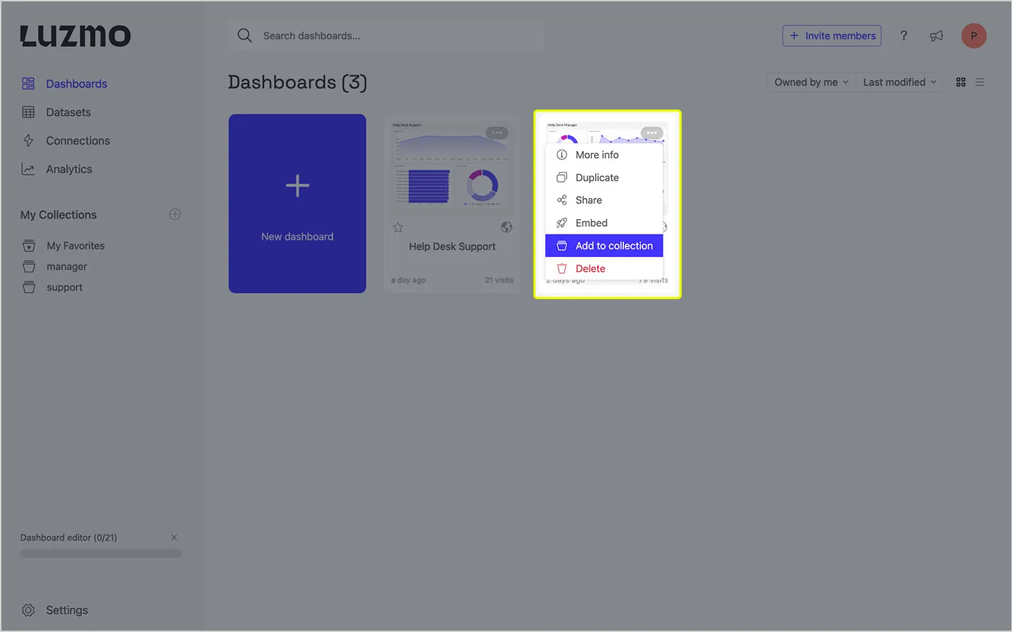A screenshot of Luzmo UI displaying a dropdown menu with add to collection highlighted.