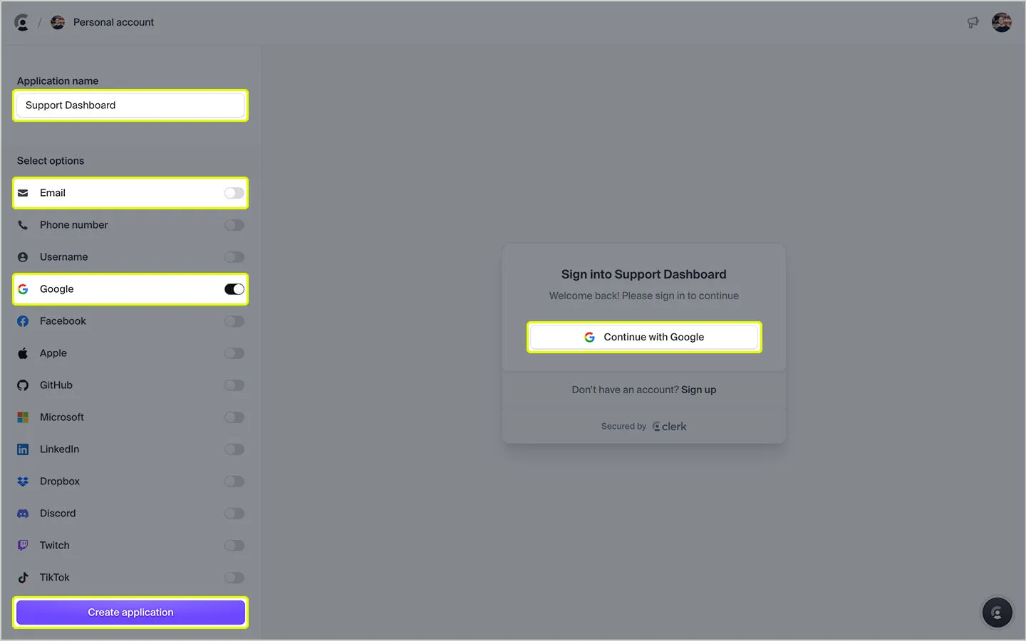 A screenshot of Clerk's UI displaying authentication method options.