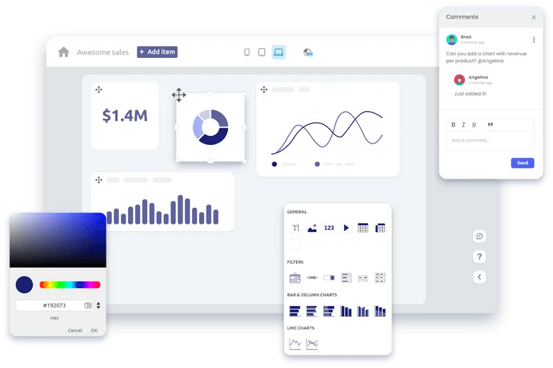Example of a drag and drop dashboard UI in data visualization tool Luzmo