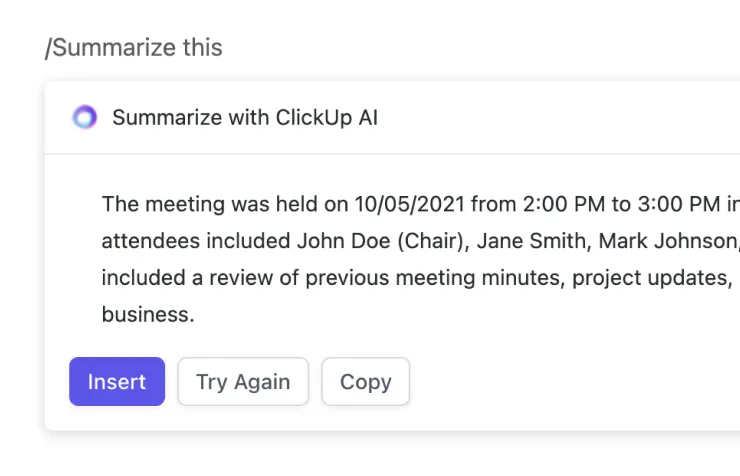 Example of ClickUp's AI project management features
