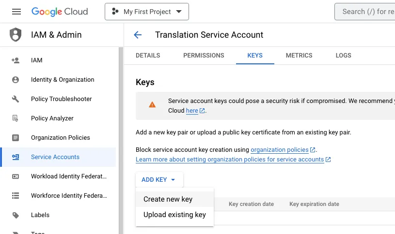 Creating a new key for your translation service account in Google Cloud