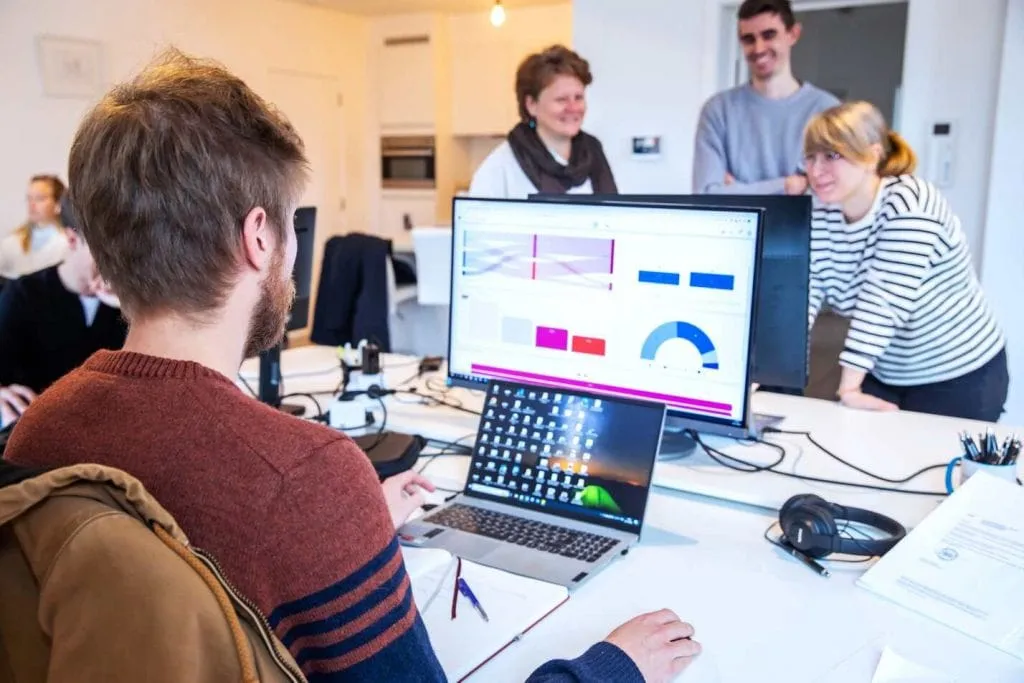 The Cumul.io (now Luzmo) team at work with an embedded dashboard in the background