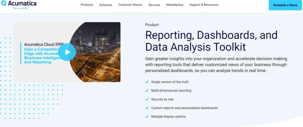 Acumatica's feature page, where SaaS analytics are used as a purchasable separate add-on