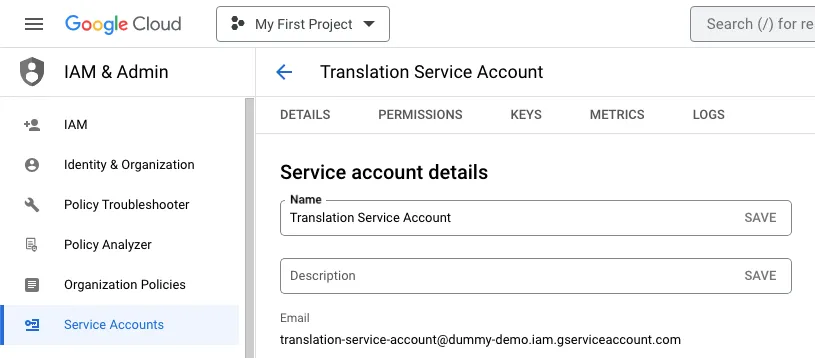 Overview of translation service account details in Google Cloud