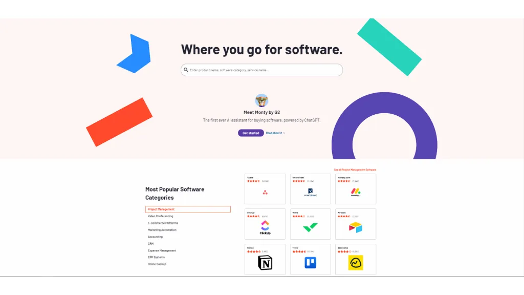 G2 homepage containing the categories used in this research