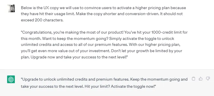 Example of using ChatGPT for UX copywriting