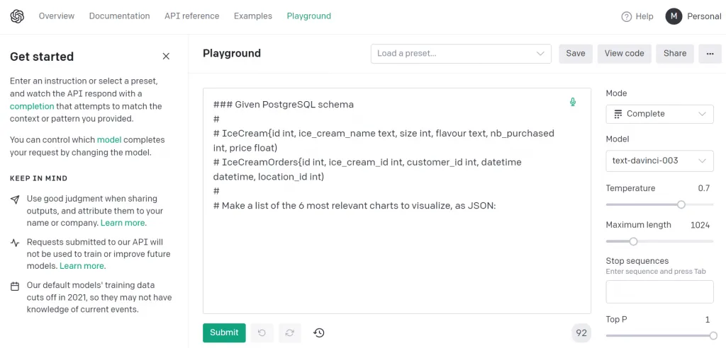 OpenAI playground showing an initial prompt you can use to create ai-powered dashboards in Luzmo