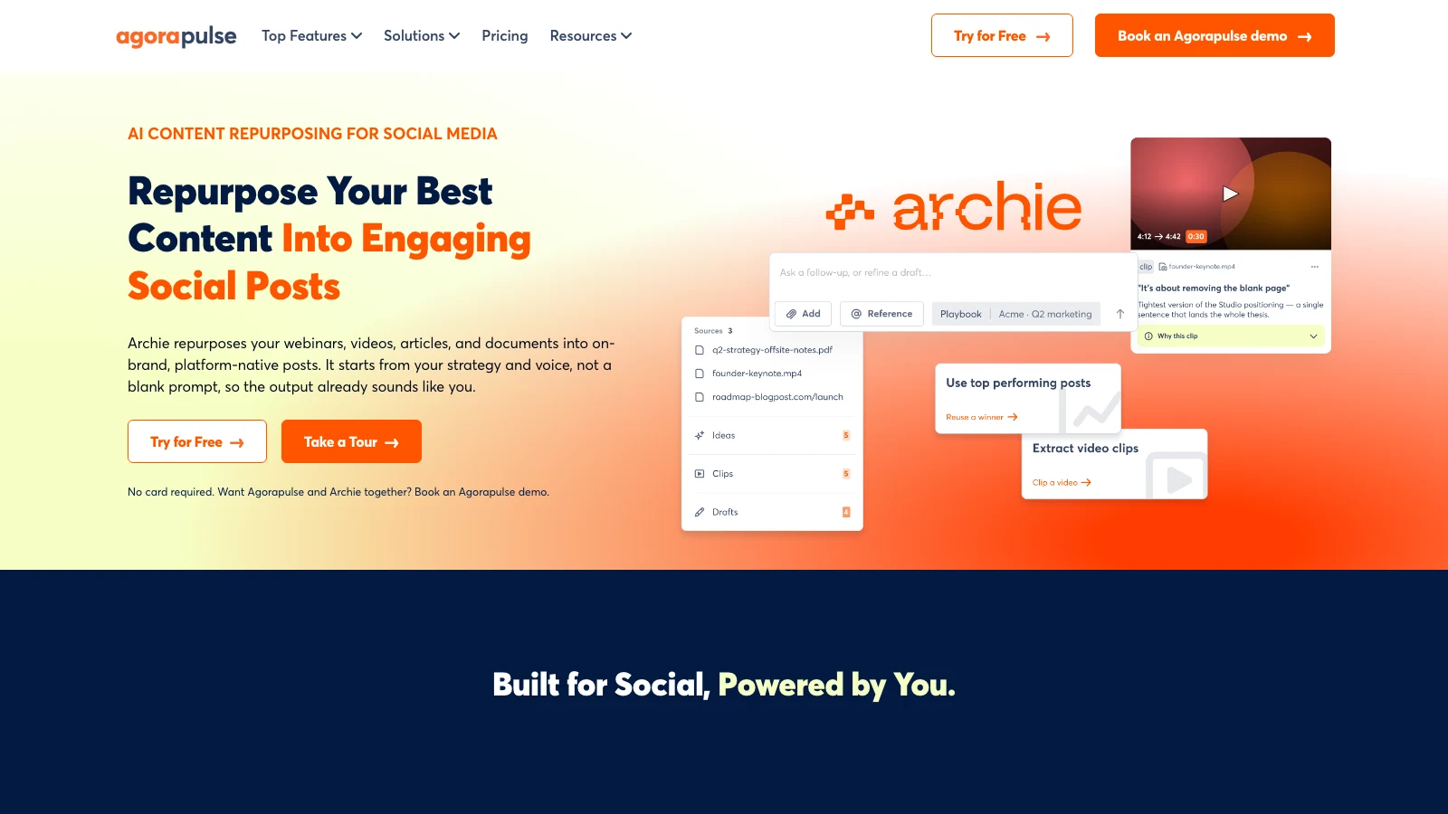 Agorapulse Archie page showing its AI content repurposing tool for social media