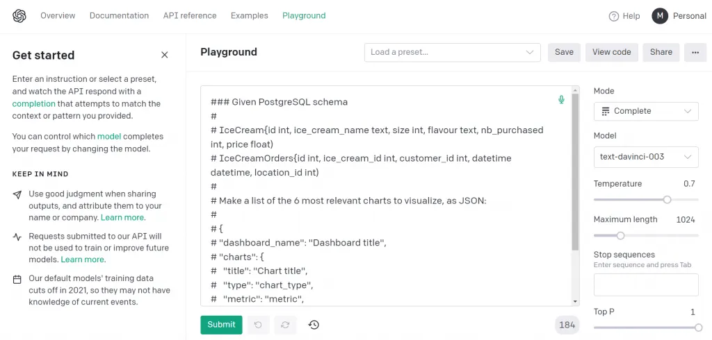 OpenAI prompt to create charts