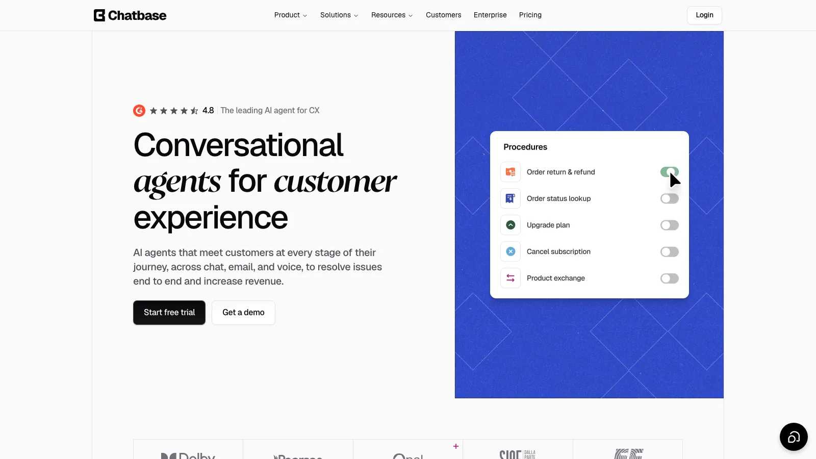 Chatbase homepage showing its AI customer support agent builder