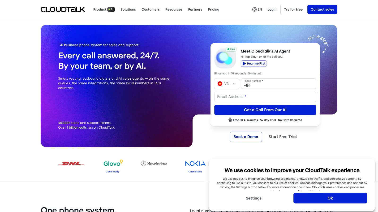CloudTalk business phone system homepage showing its AI voice agent answering inbound calls