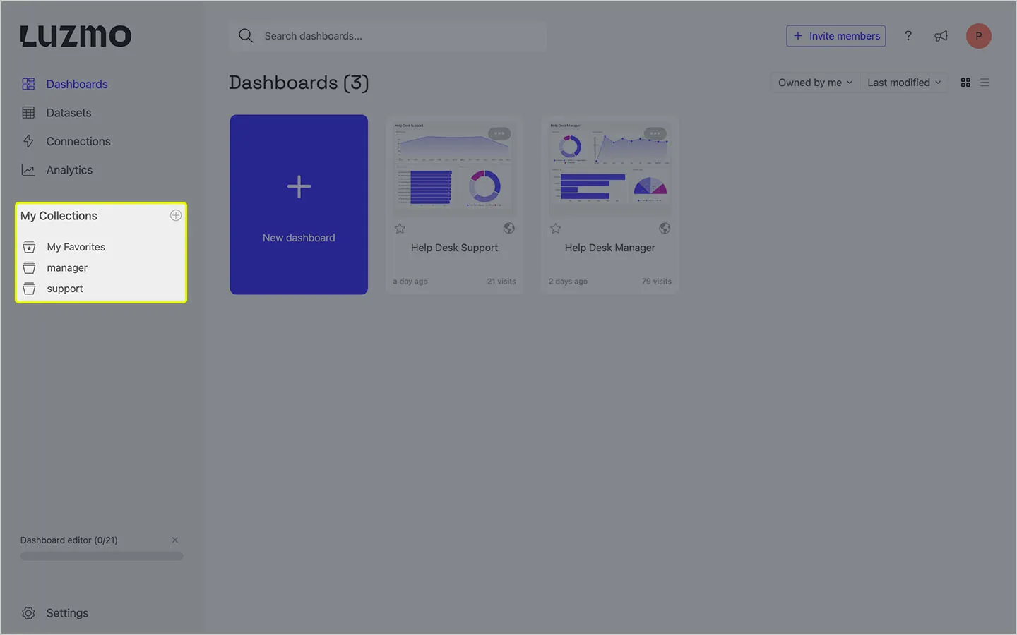 A screenshot of Luzmo UI highlighting my collections.