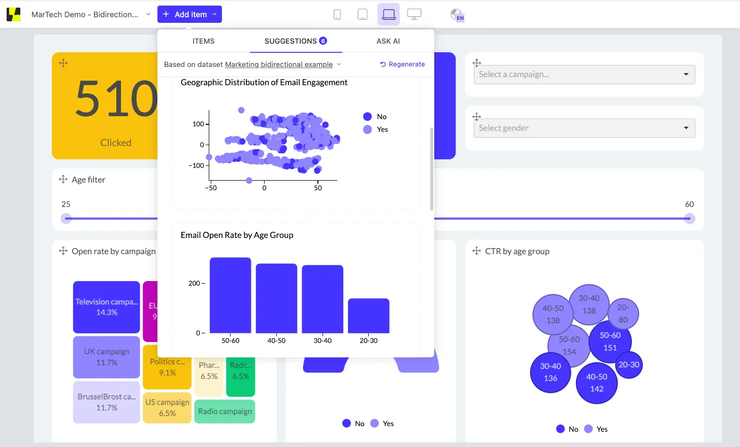 Example of AI-powered chart suggestions in Luzmo's embedded analytics platform