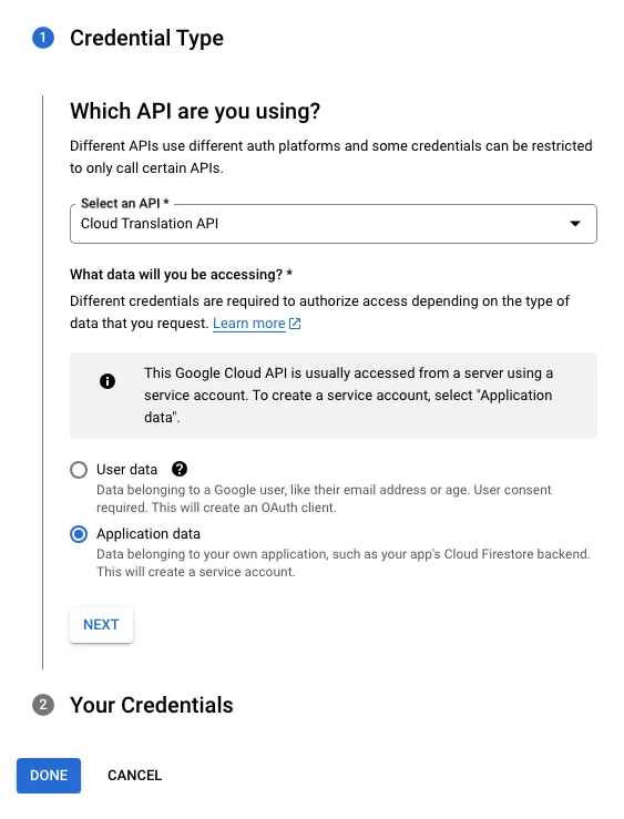 Creating credentials for Google's Cloud Translation API