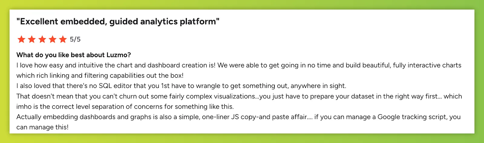G2 review on Luzmo's intuitive embedding