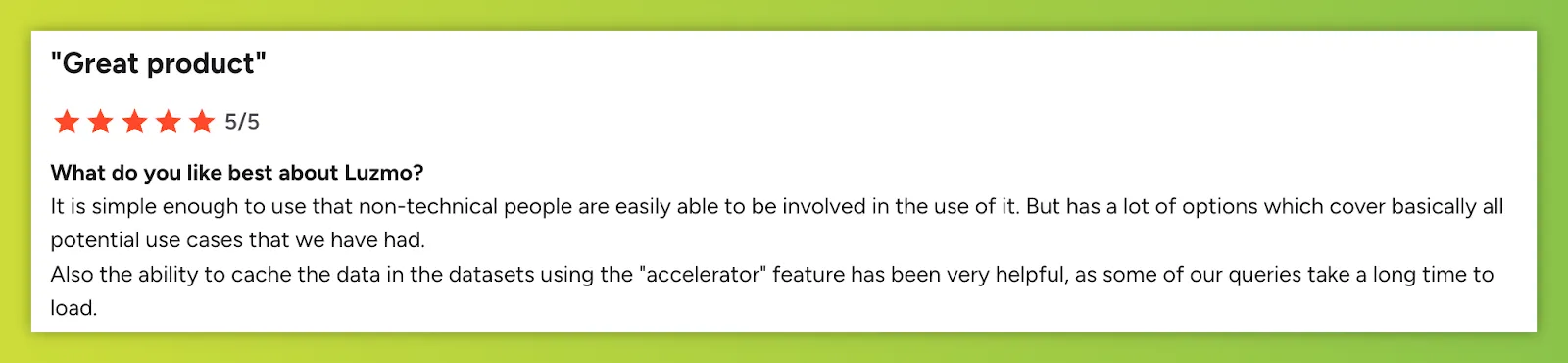 G2 review showing the ease of use of Luzmo's dashboard editor