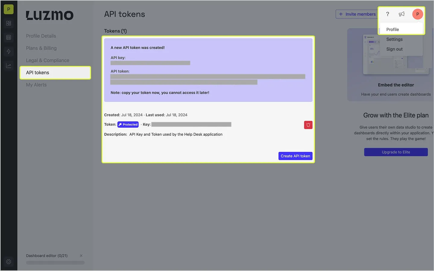 A screenshot of Luzmo UI displaying an API Key and Token.