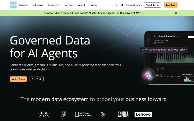 Domo embedded analytics platform homepage