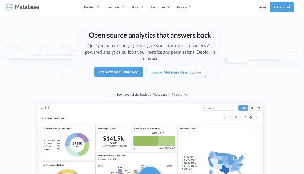 Metabase embedded analytics platform homepage