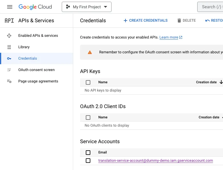 Credentials tab in Google Cloud - APIs & Services