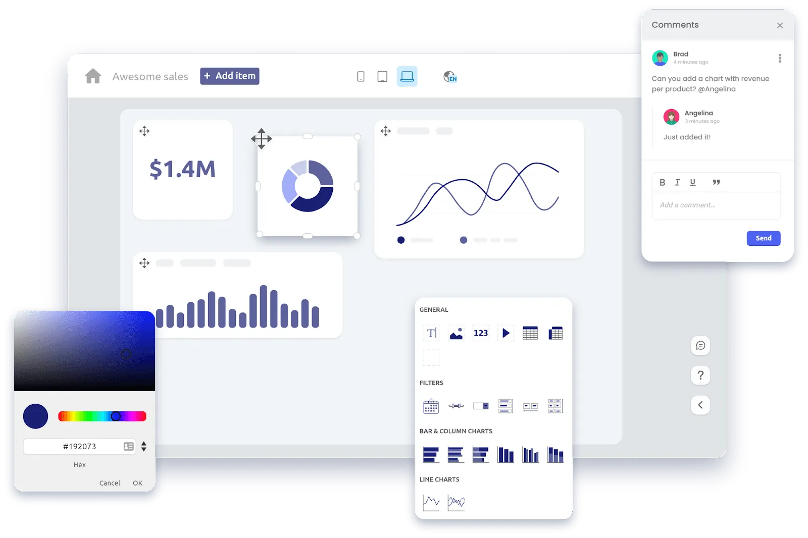 Illustration of Luzmo, an embedded analytics platform that allows AI data visualization through API