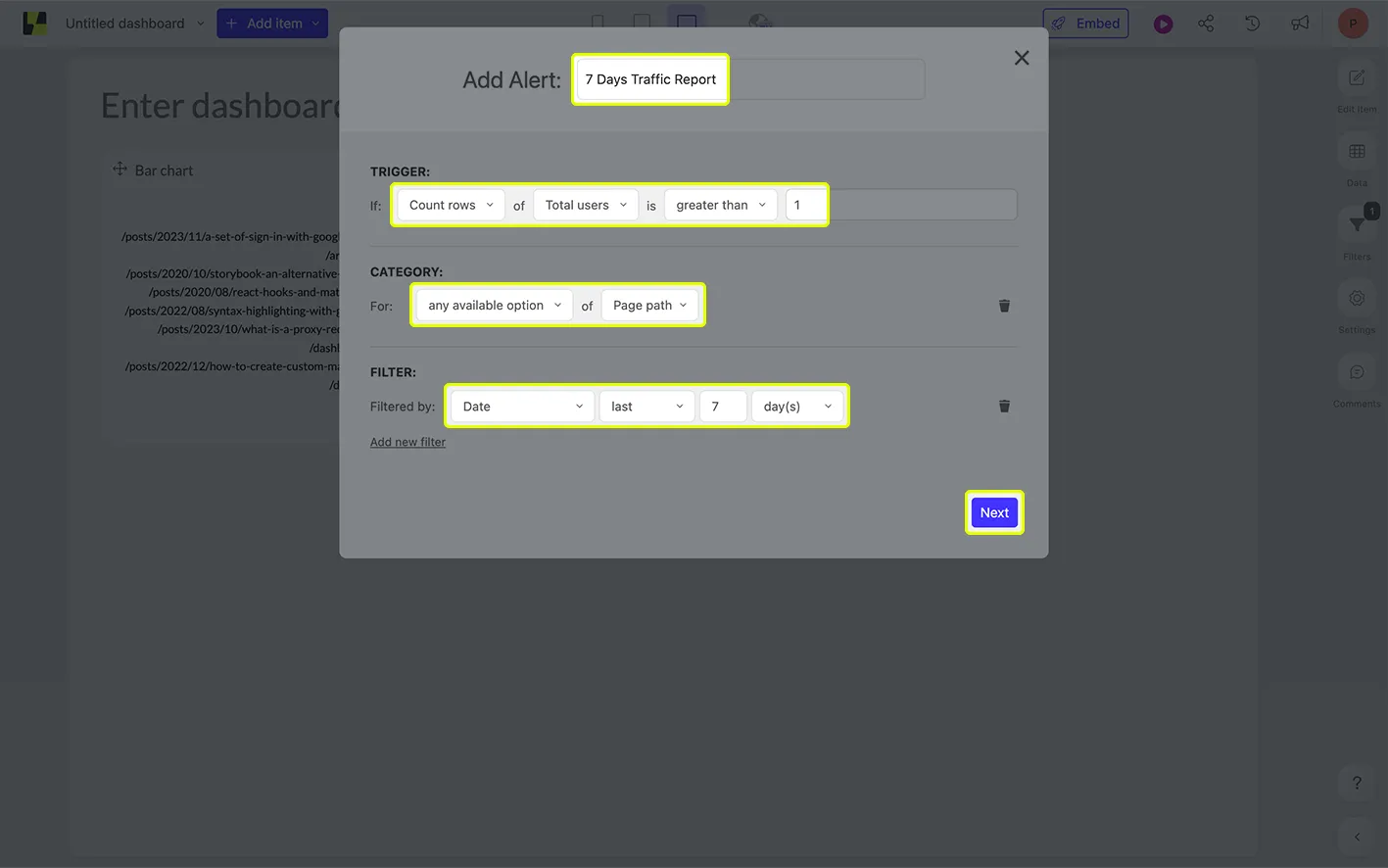 Configuring your alert in Luzmo