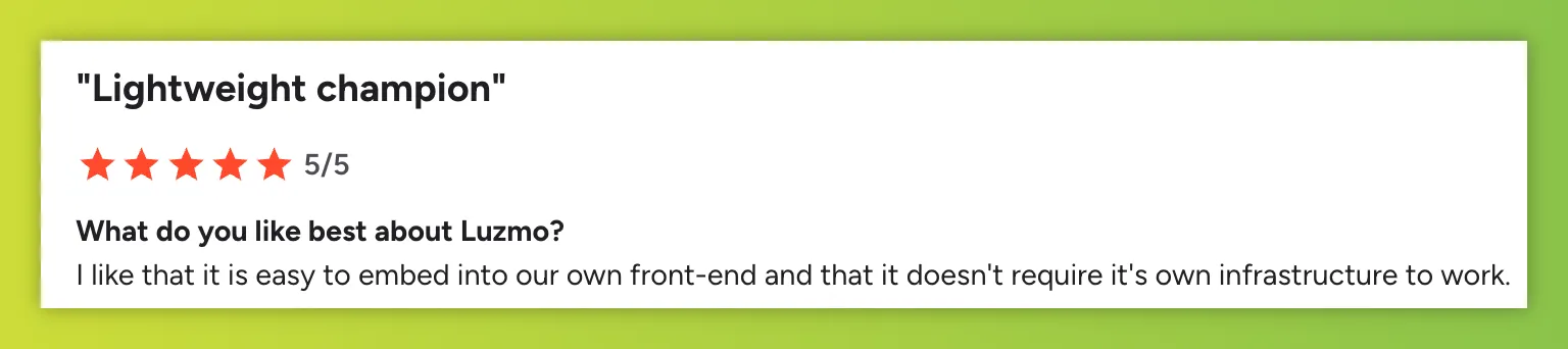 G2 review praising Luzmo's easy and lightweight embedding