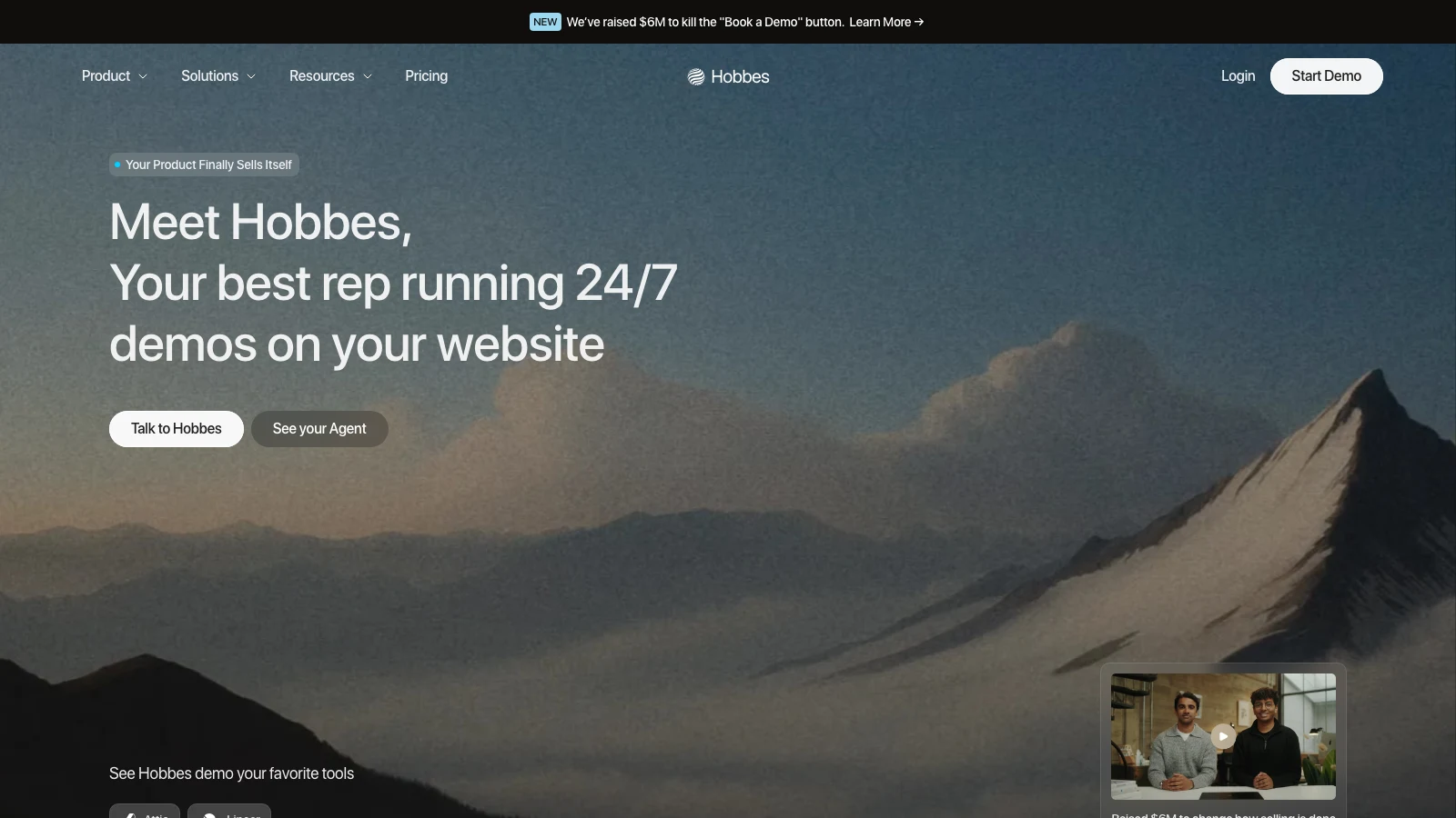 Hobbes homepage showing its AI product agent guiding buyers through an interactive product sandbox
