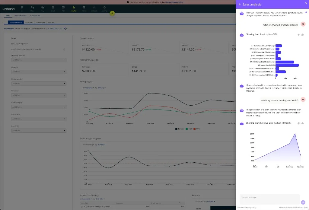 Katana's AI sales analyst answering questions with charts