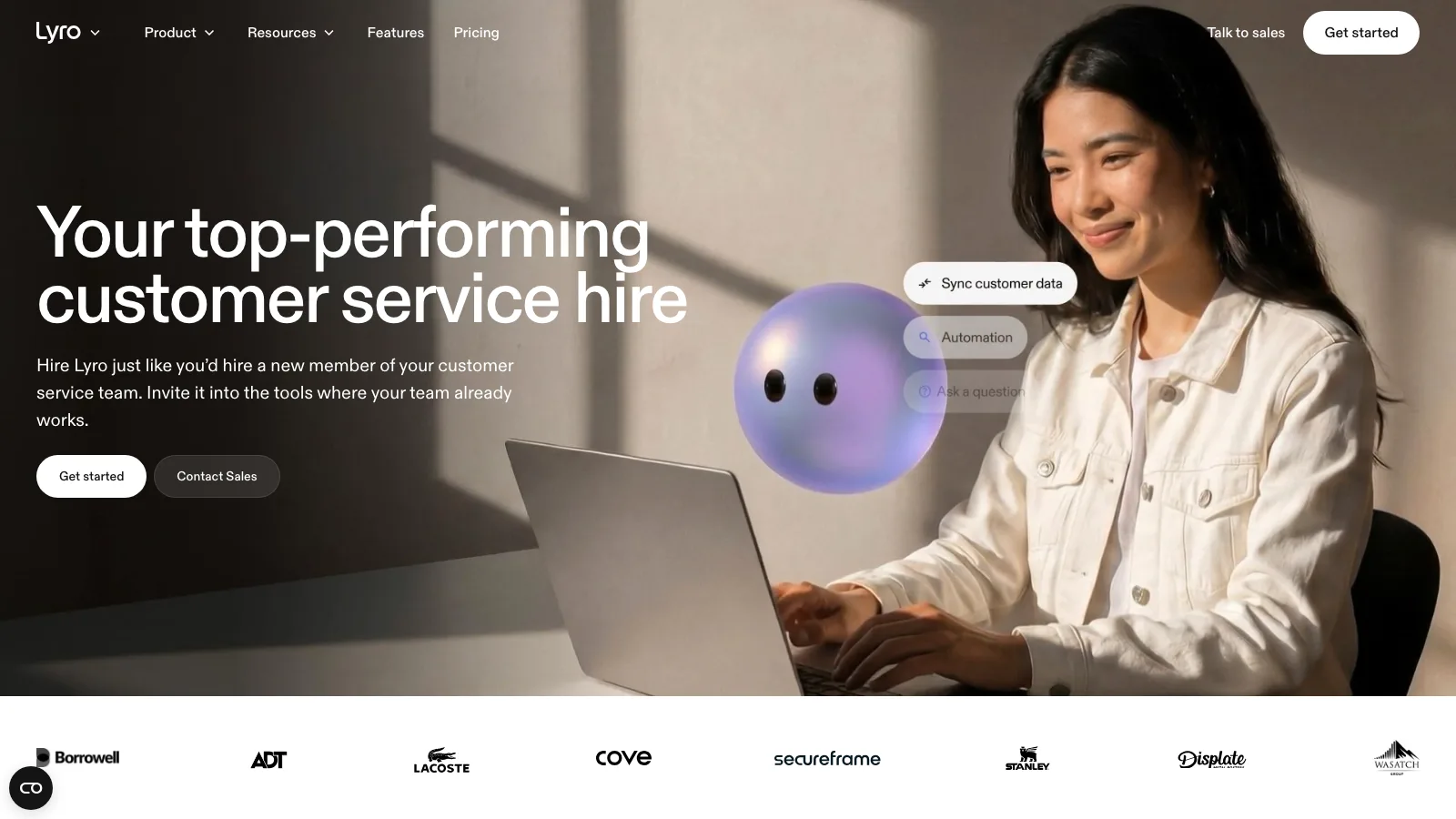 Lyro homepage showing its AI agent resolving customer requests