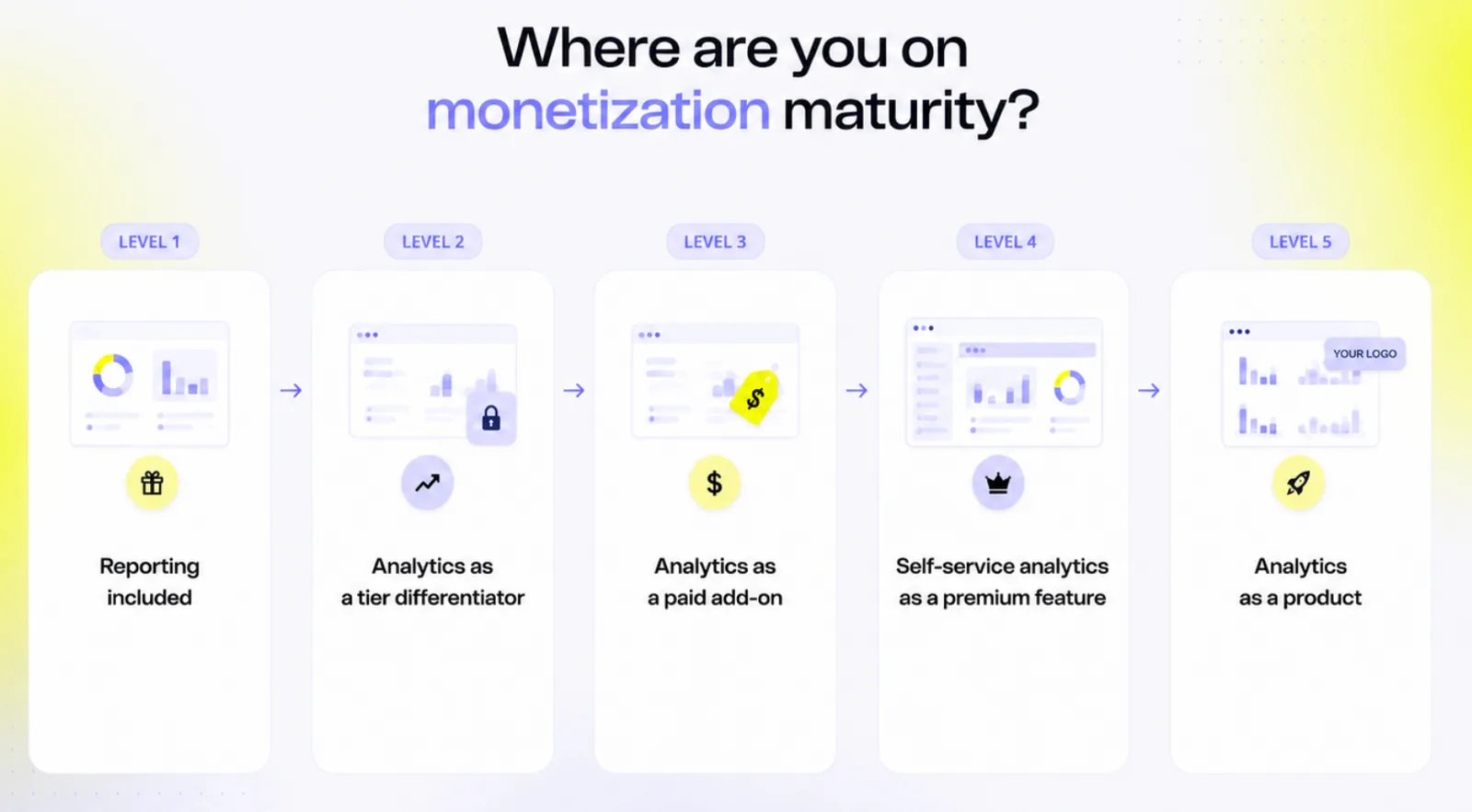 Monetization maturity model showing five levels, from reporting included to analytics as a standalone product