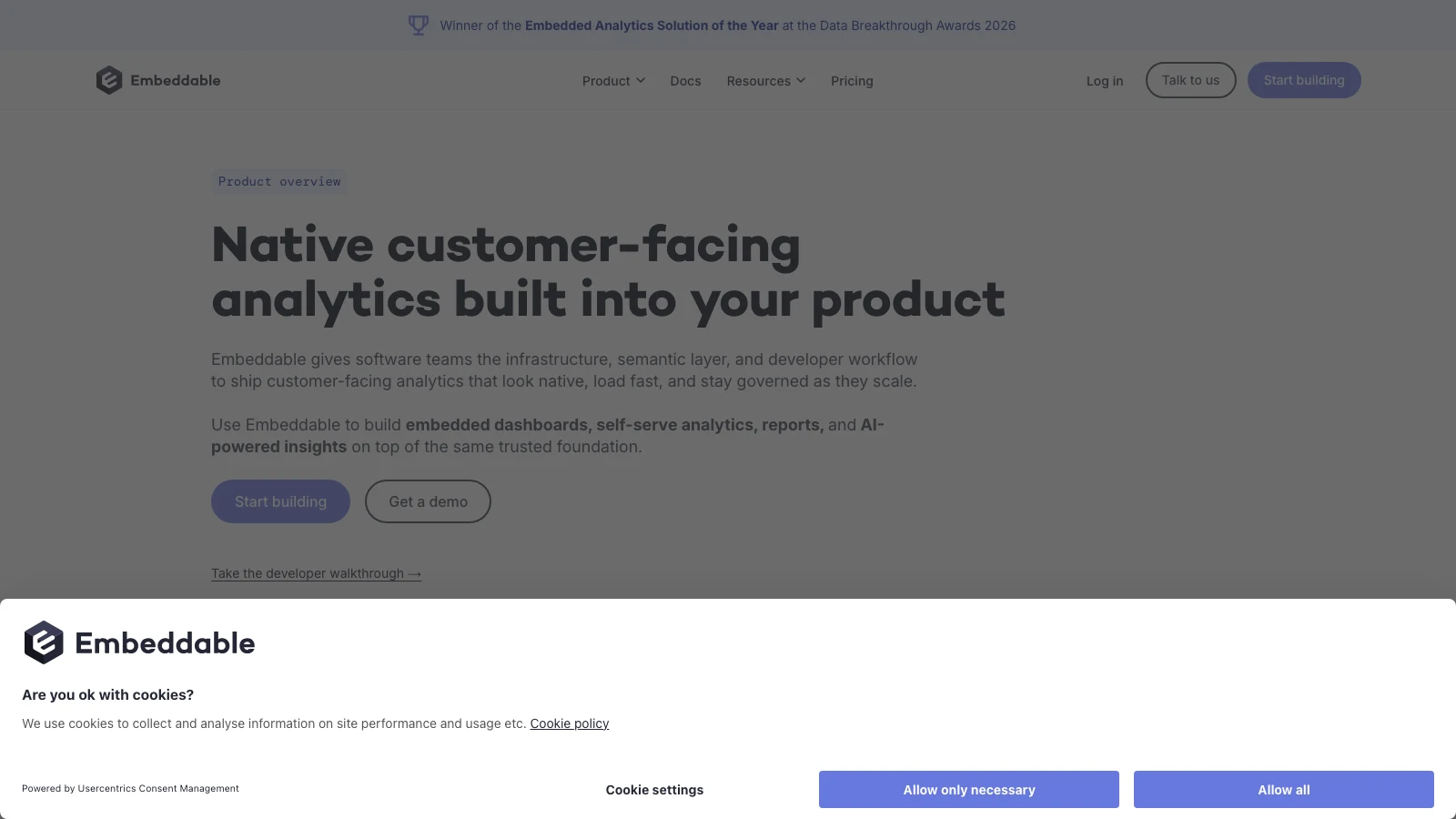 Embeddable product overview page showing its customer-facing analytics platform