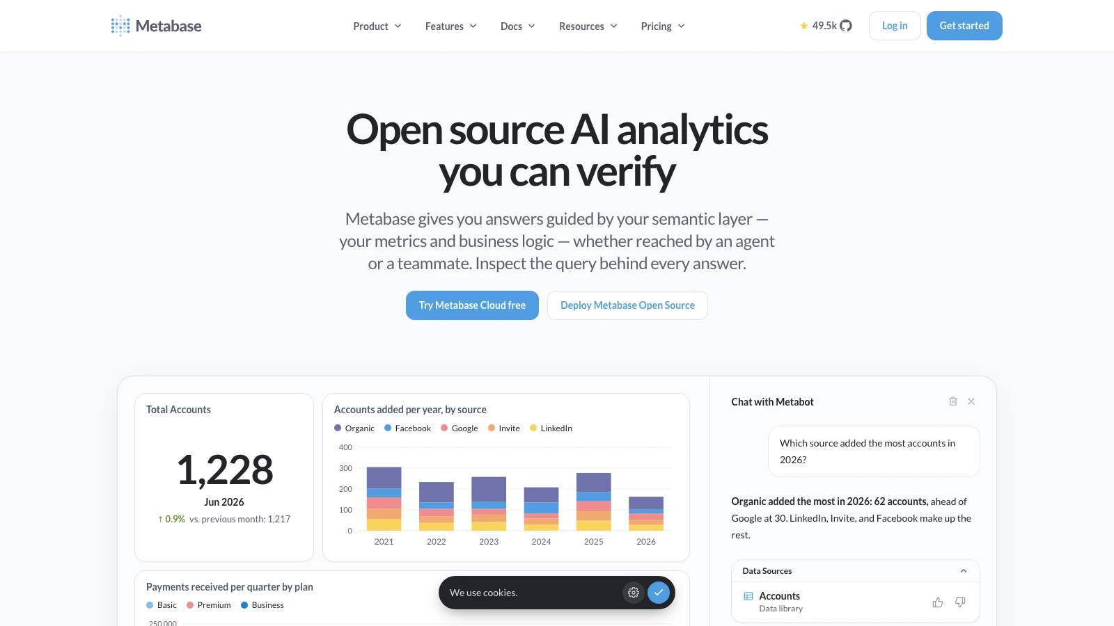 Metabase homepage showing its open-source analytics platform and semantic layer