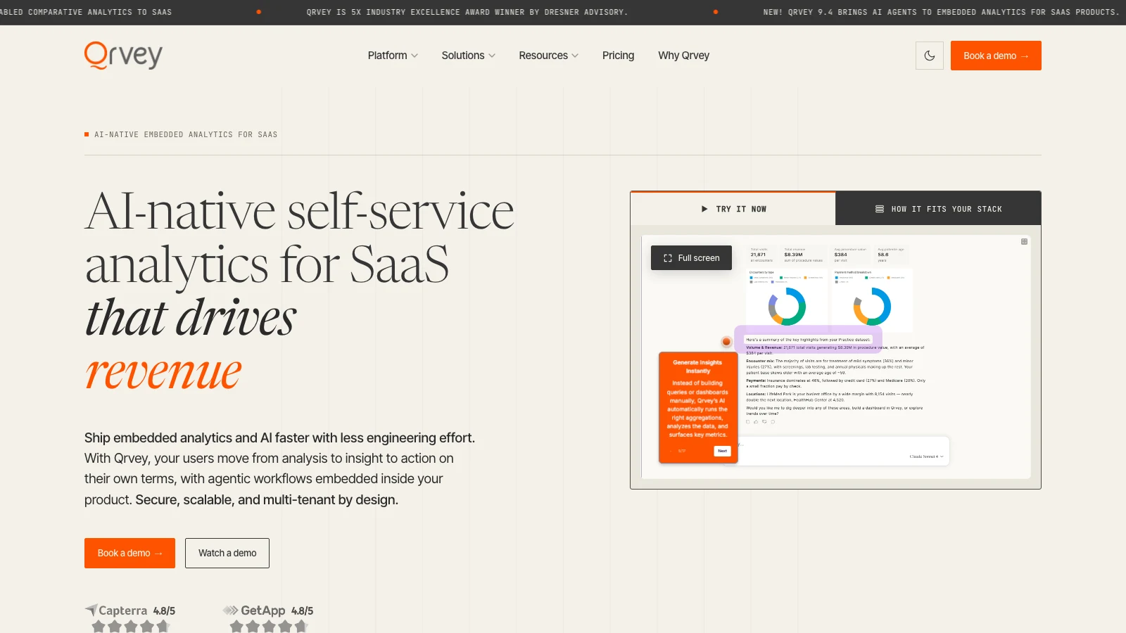 Qrvey homepage showing its embedded analytics platform for multi-tenant SaaS