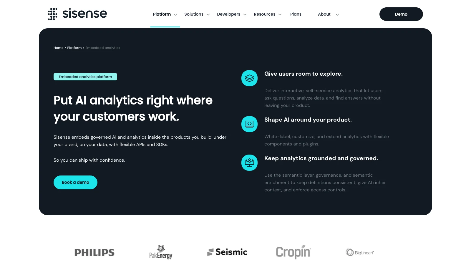 Sisense embedded analytics page showing its developer-oriented embedding options
