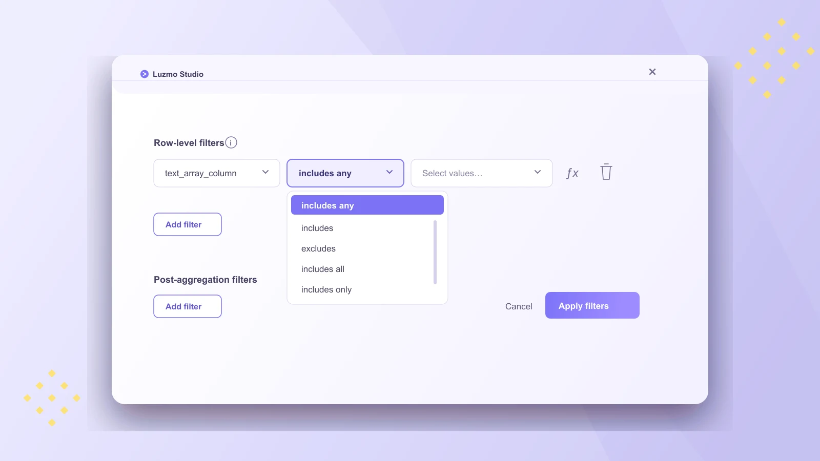 Row-level filters in Luzmo Studio, with an array column's operator dropdown open on includes any and listing includes, excludes, includes all and includes only.