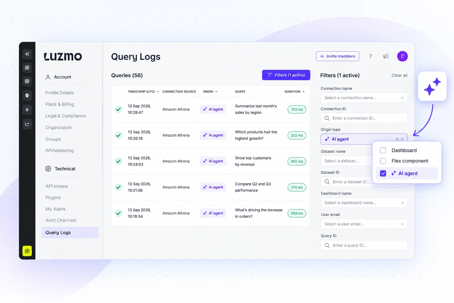 The query logs page with an Origin column marking each row as AI agent, next to the natural-language question asked, and the Origin type filter open beside it.